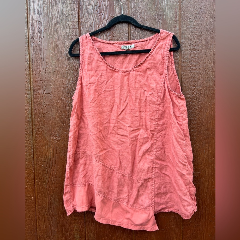 Flax 100% Linen Sz M coral  Striped Sleeveless Lagenlook Tunic boho minimalist